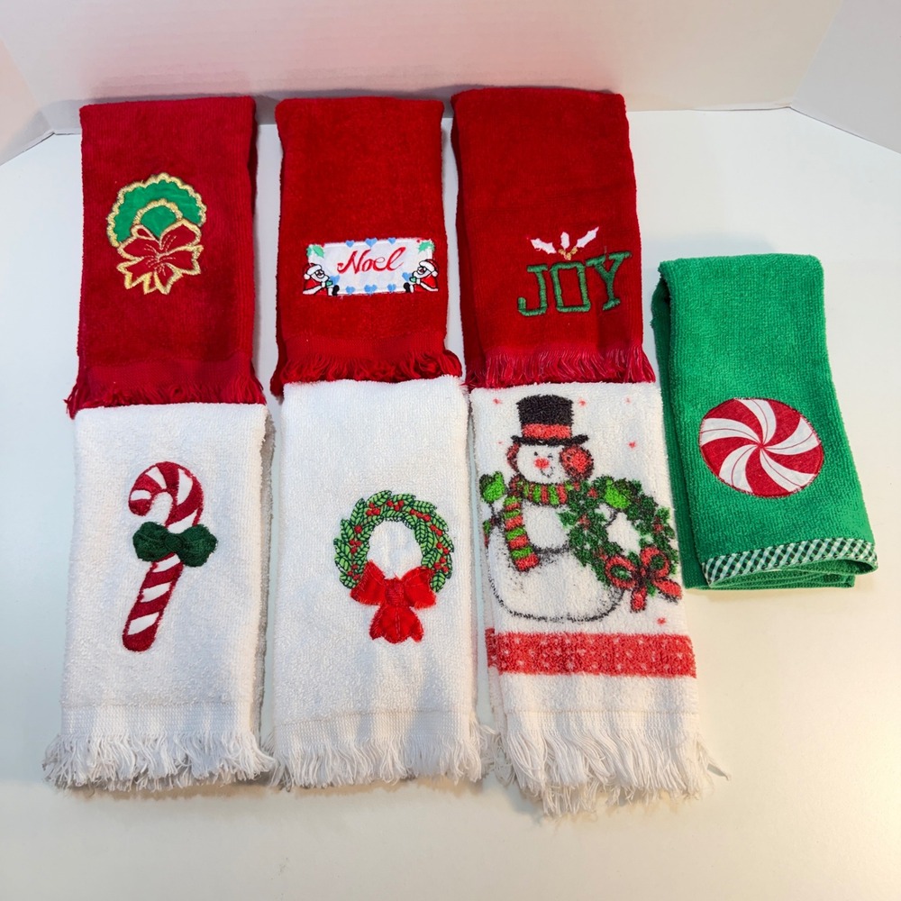 Cannon Christmas Hand Towels Set 7 Red White Green Vintage Embroidered Fringe